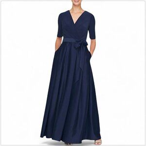 Alex Evenings Surplice Neck Ballgown Full Satin Skirt Jersey Bodice Dress NWT 8